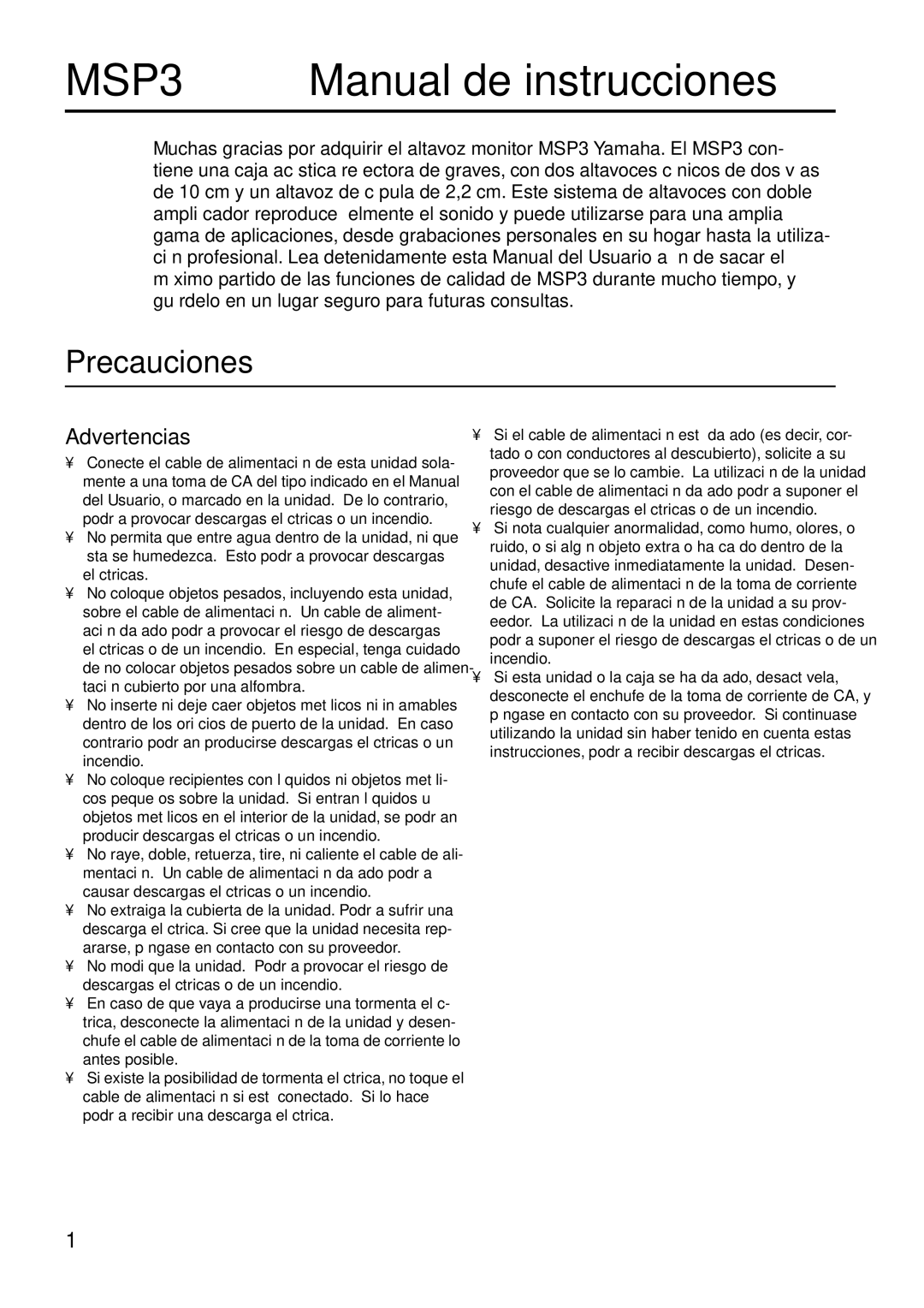 Yamaha MSP3 owner manual Precauciones, Advertencias 