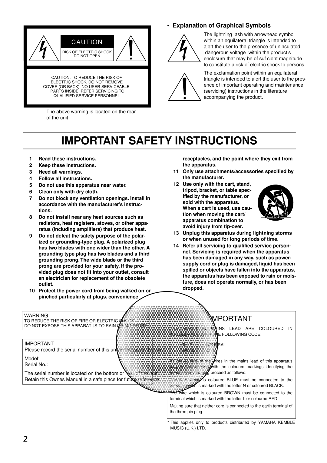 Yamaha MSP3 owner manual Important Safety Instructions, Explanation of Graphical Symbols 