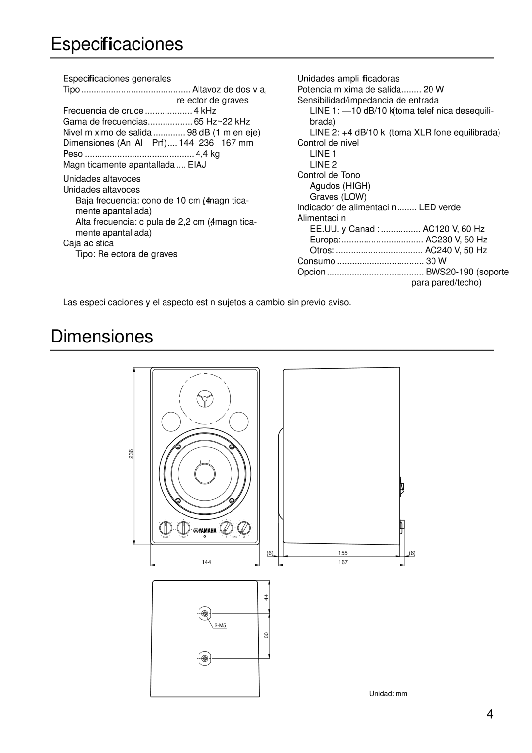 Yamaha MSP3 owner manual Dimensiones, Especiﬁcaciones generales, Unidades altavoces, Unidades ampliﬁcadoras 