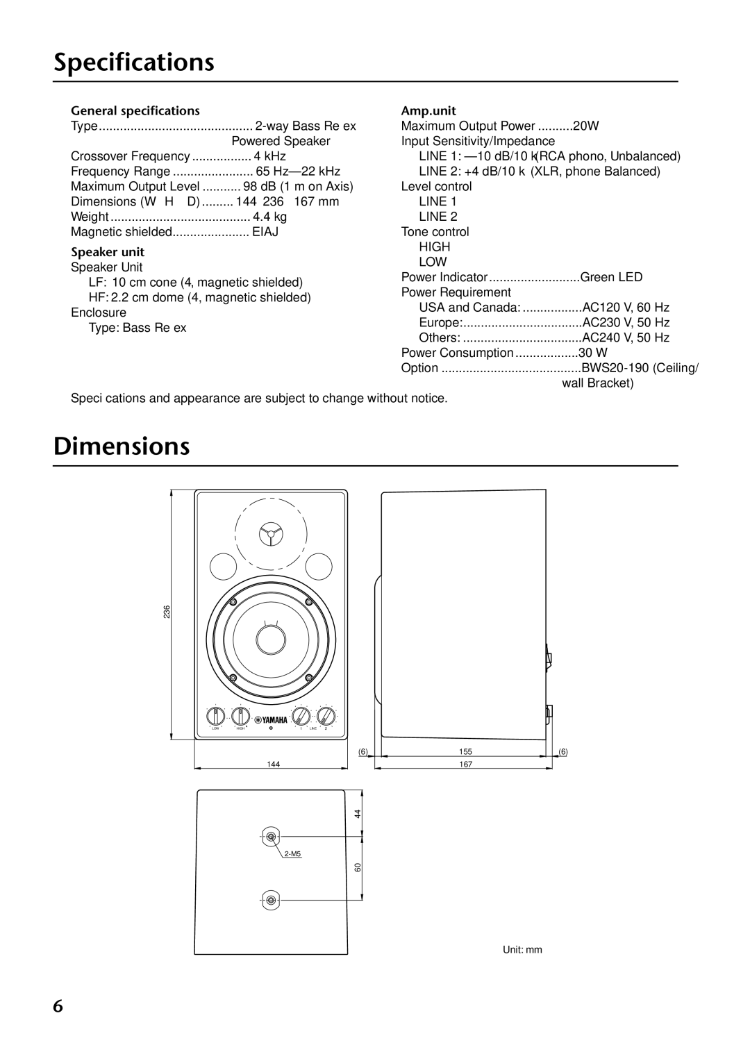 Yamaha MSP3 owner manual Speciﬁcations, Dimensions, General speciﬁcations, Speaker unit, Amp.unit 