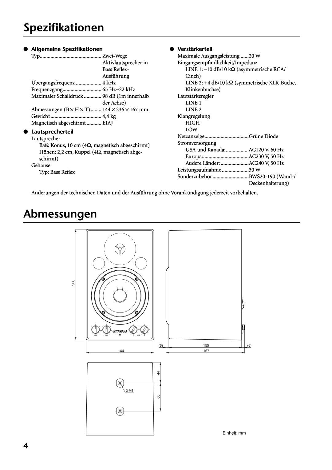 Yamaha MSP3 owner manual Abmessungen, Allgemeine Speziﬁkationen, Lautsprecherteil, Verstärkerteil 