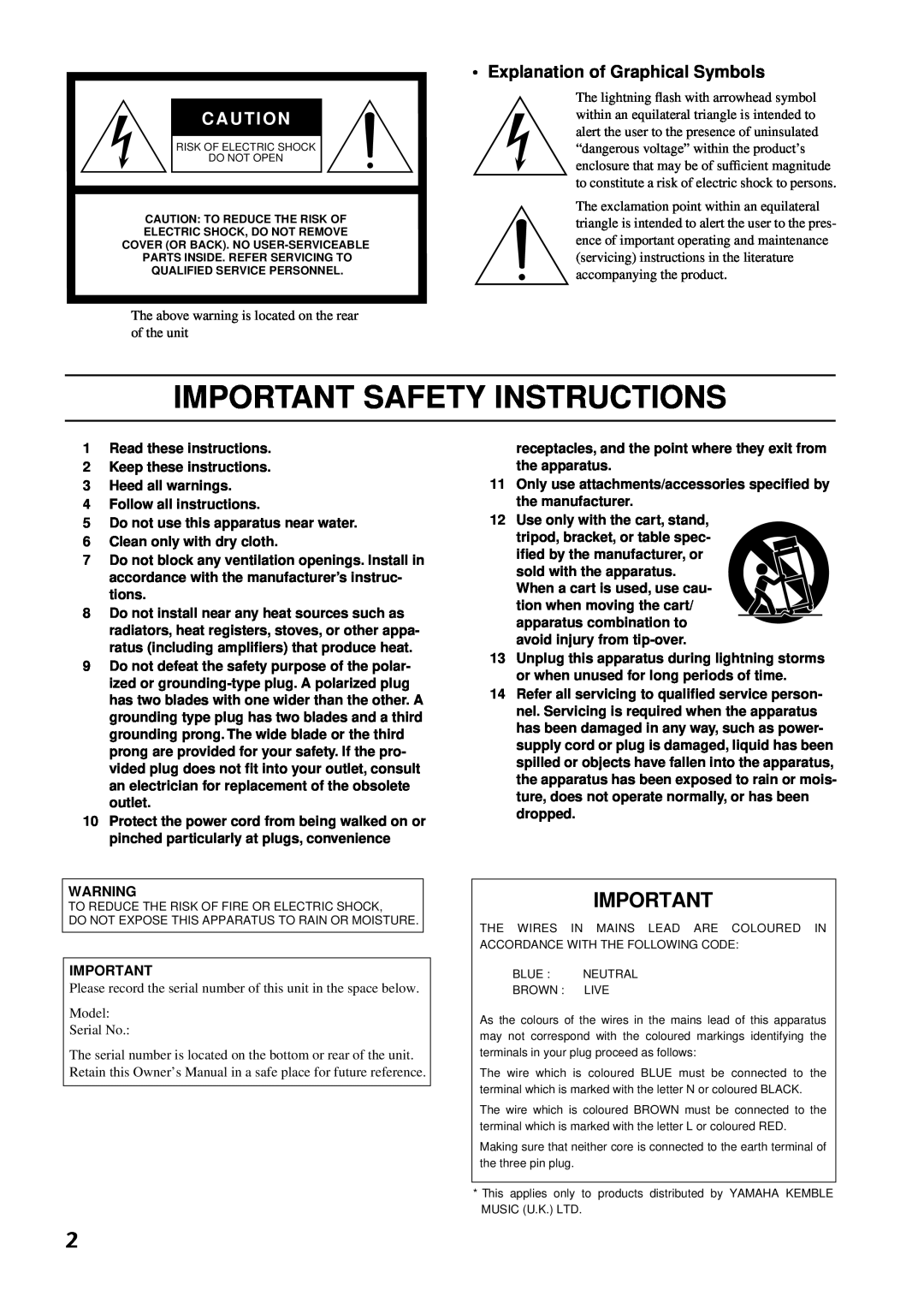 Yamaha MSP3 owner manual Important Safety Instructions, Explanation of Graphical Symbols 
