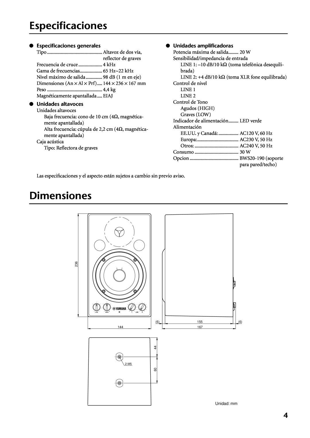 Yamaha MSP3 owner manual Dimensiones, Especiﬁcaciones generales, Unidades altavoces, Unidades ampliﬁcadoras 