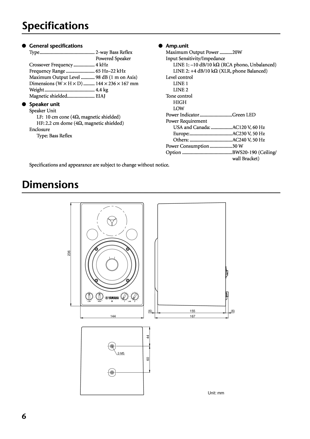 Yamaha MSP3 owner manual Speciﬁcations, Dimensions, General speciﬁcations, Speaker unit, Amp.unit 