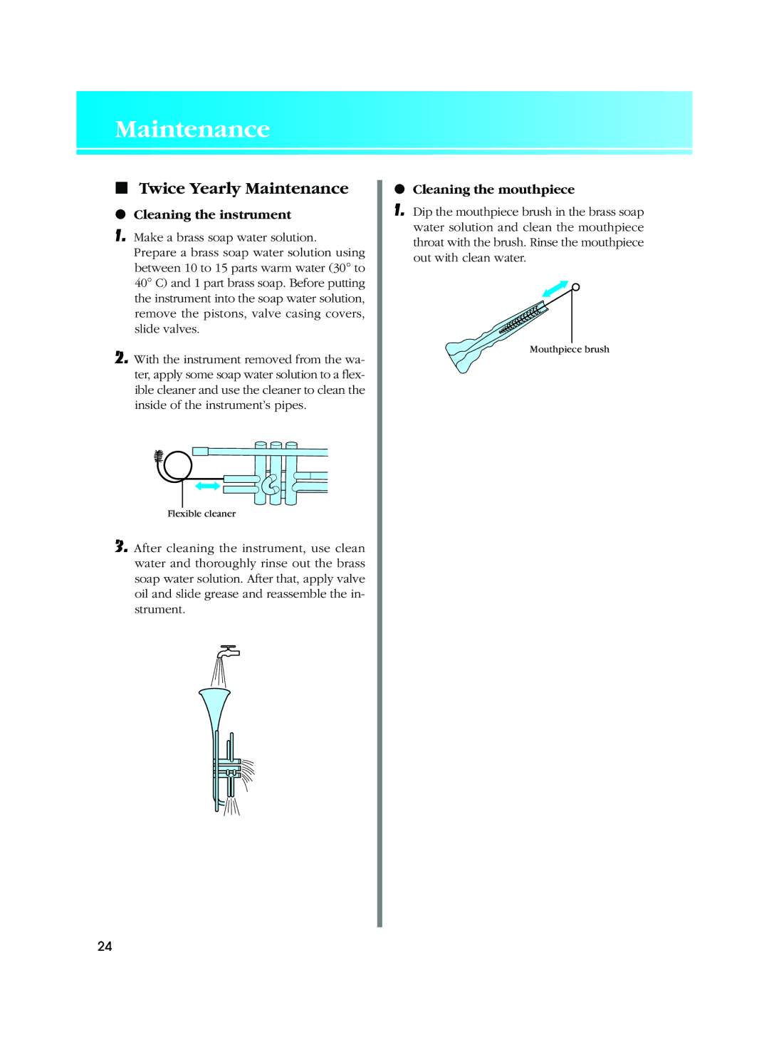 Yamaha Musical Instrument owner manual Twice Yearly Maintenance, Cleaning the instrument, Cleaning the mouthpiece 