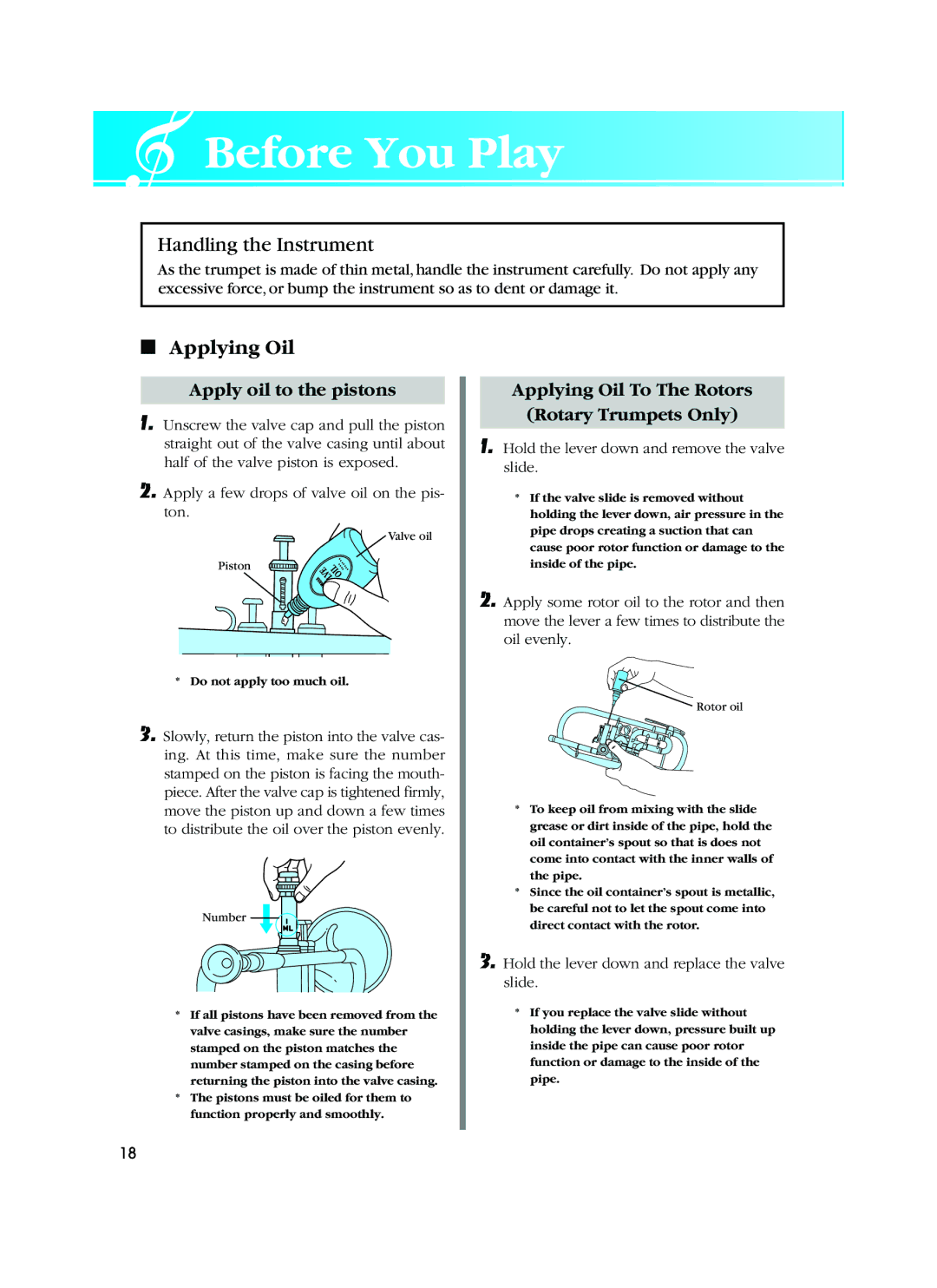 Yamaha Musical Instrument owner manual Before You Play, Applying Oil 