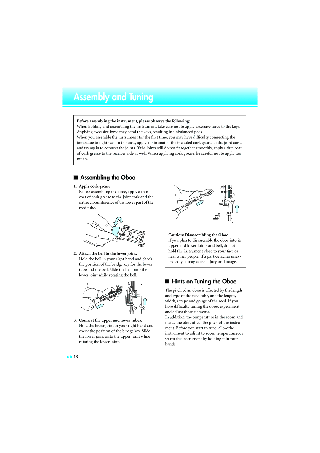 Yamaha None Assembly and Tuning, Apply cork grease, Attach the bell to the lower joint, Connect the upper and lower tubes 