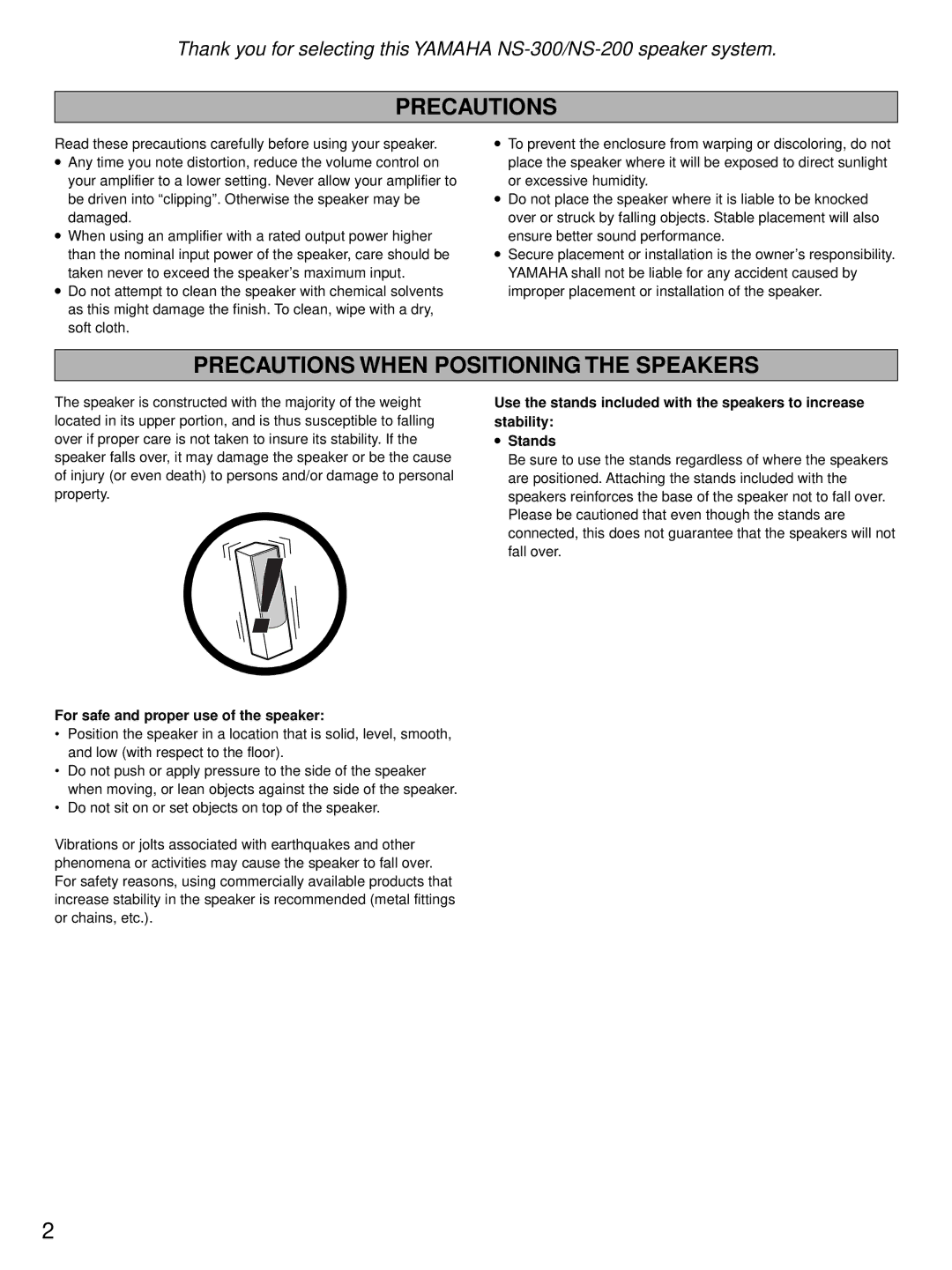 Yamaha NS-300, NS-200 owner manual Precautions When Positioning the Speakers, For safe and proper use of the speaker 