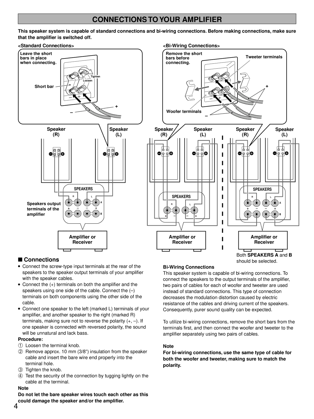 Yamaha NS-300, NS-200 owner manual Connections to Your Amplifier, Amplifier or Receiver Bi-Wiring Connections 