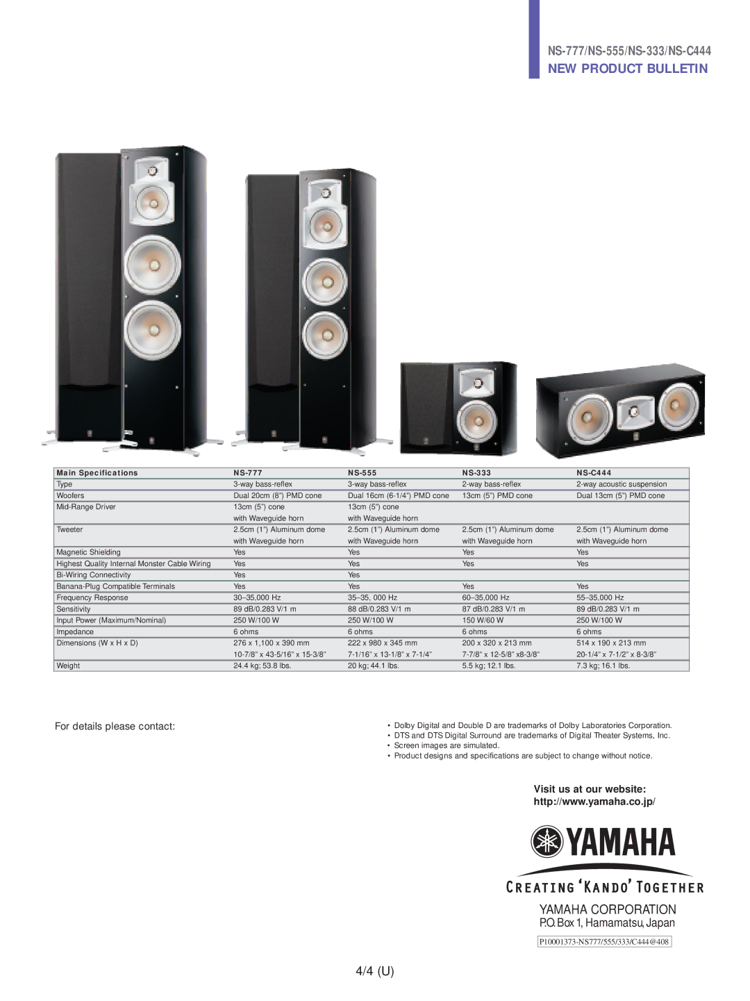 Yamaha NS-333/NS-C444, NS-777/NS-555 manual For details please contact, Main Specifications NS-777 NS-555 NS-333 NS-C444 