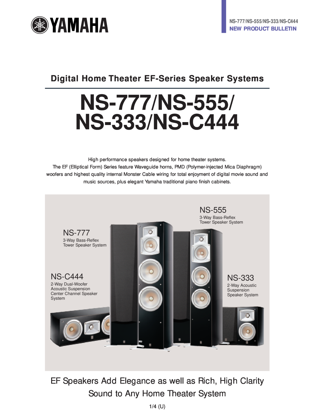 Yamaha manual NS-777/NS-555 NS-333/NS-C444, Digital Home Theater EF-SeriesSpeaker Systems, NS-777/NS-555/NS-333/NS-C444 