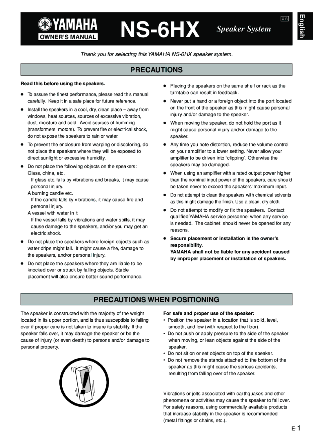 Yamaha NS-6HX owner manual Precautions When Positioning, Read this before using the speakers 