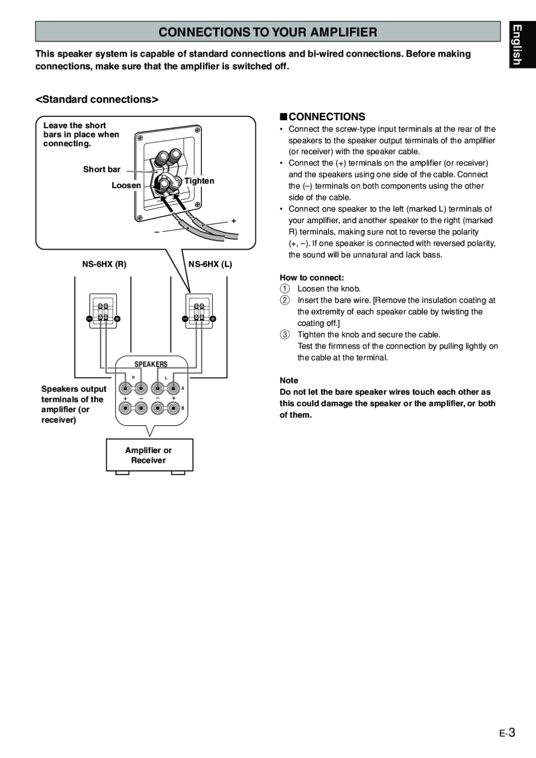 Yamaha NS-6HX Connections to Your Amplifier, Standard connections, Speakers output Terminals, Amplifier or Receiver 