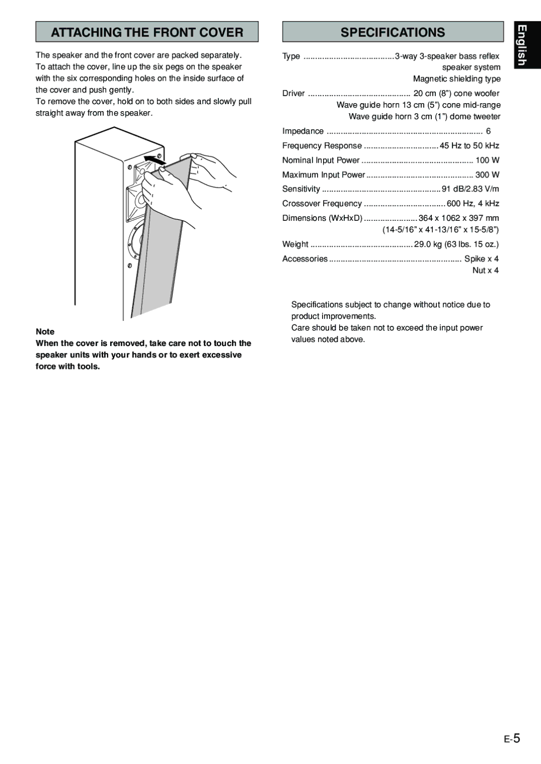 Yamaha NS-6HX owner manual Attaching the Front Cover, Specifications 