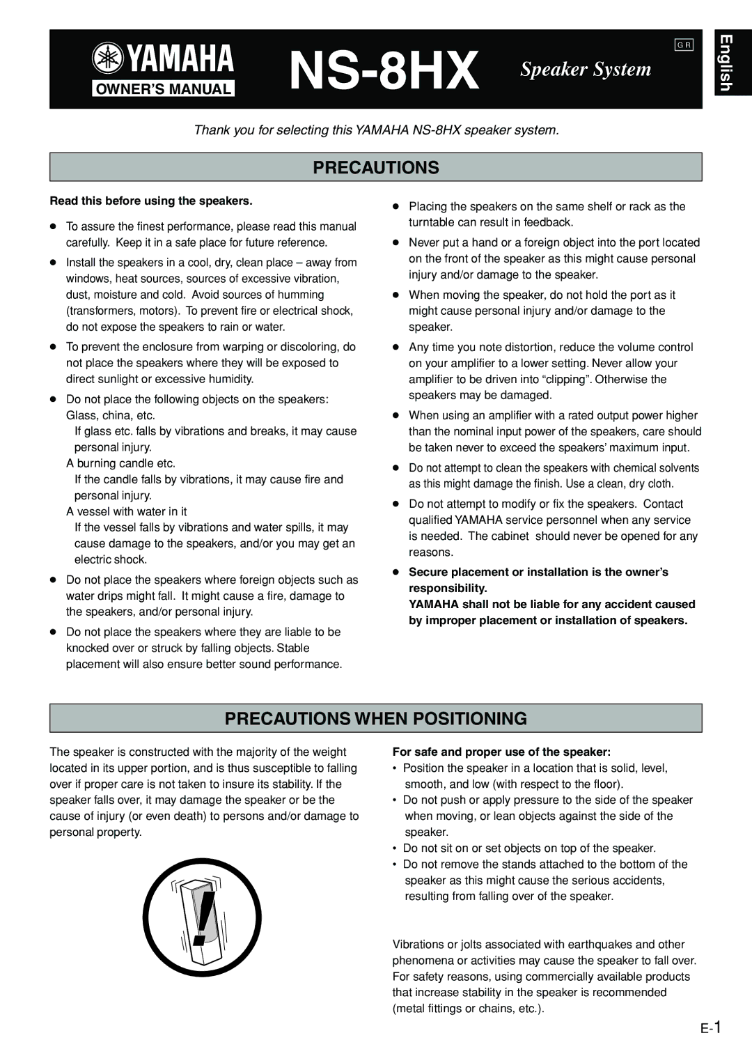 Yamaha NS-8HX owner manual Precautions When Positioning, Read this before using the speakers 