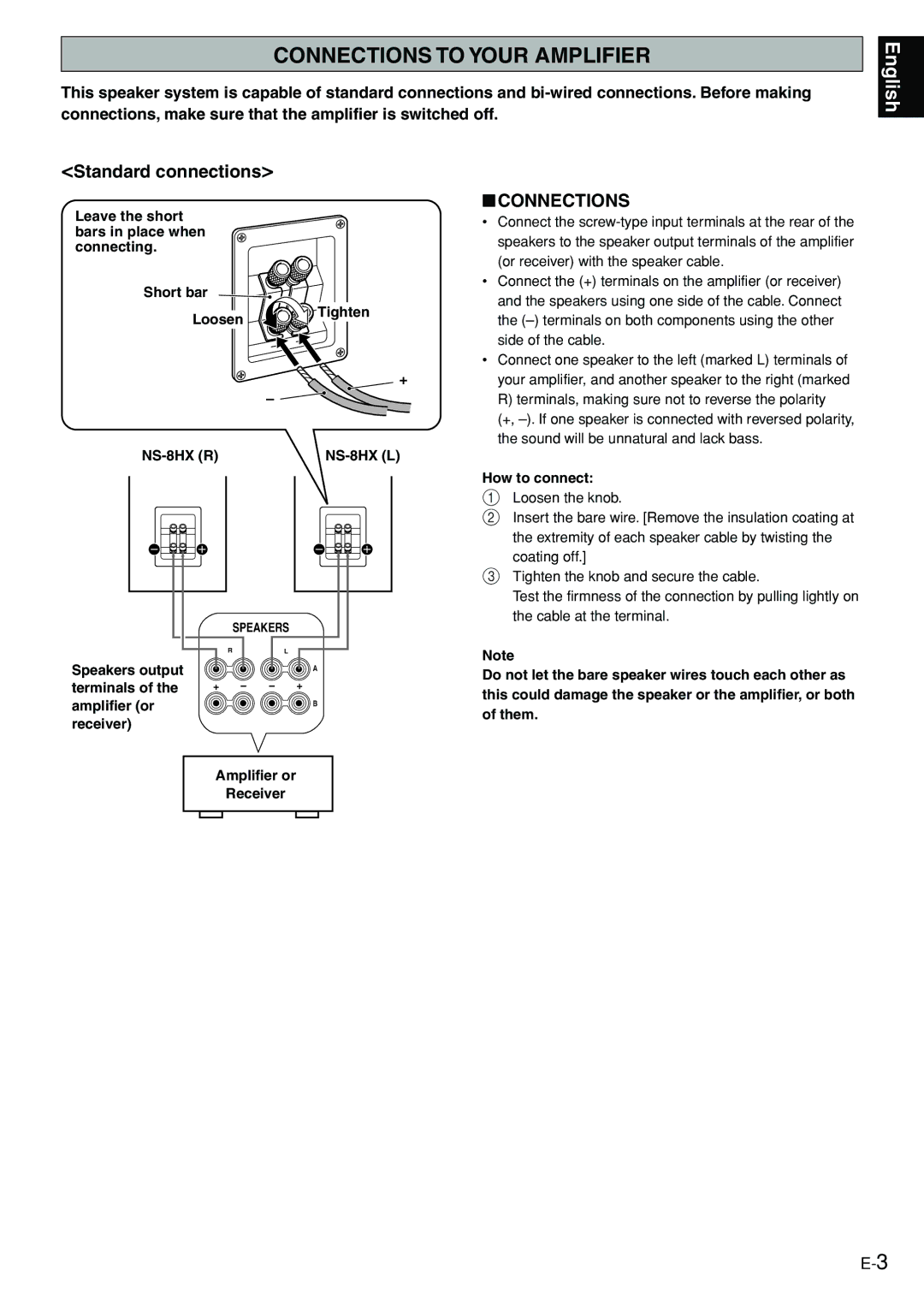 Yamaha NS-8HX Connections to Your Amplifier, Standard connections, Speakers output Terminals, Amplifier or Receiver 