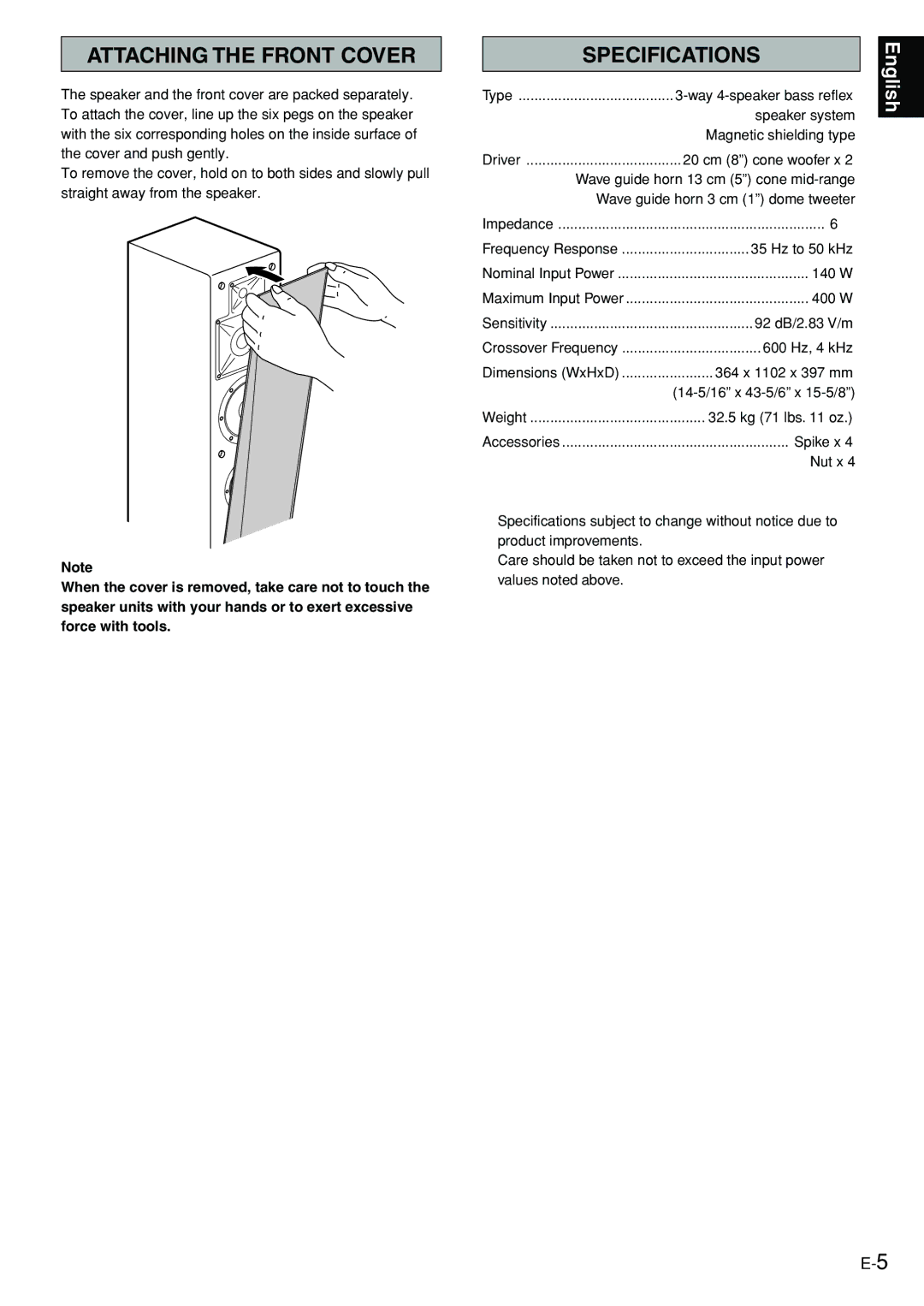 Yamaha NS-8HX owner manual Attaching the Front Cover, Specifications 