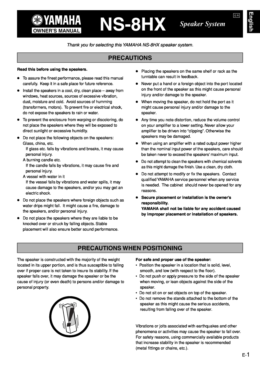 Yamaha NS-8HX owner manual Precautions When Positioning, English, Read this before using the speakers 