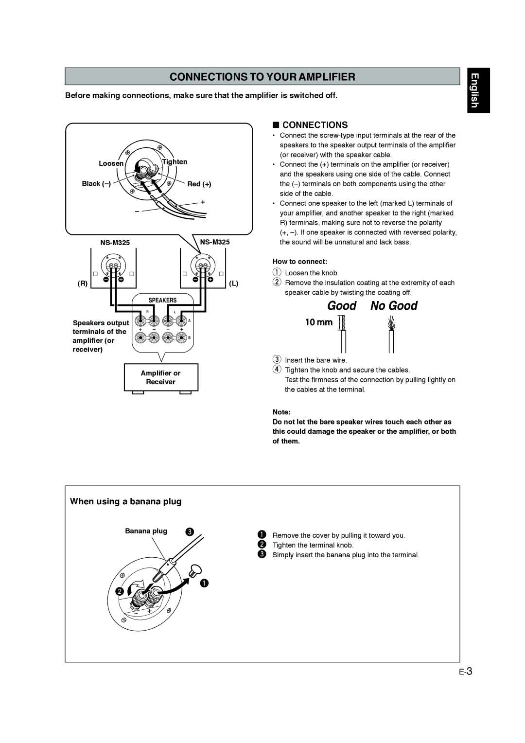 Yamaha NS M325 owner manual Connections to Your Amplifier, English, When using a banana plug 