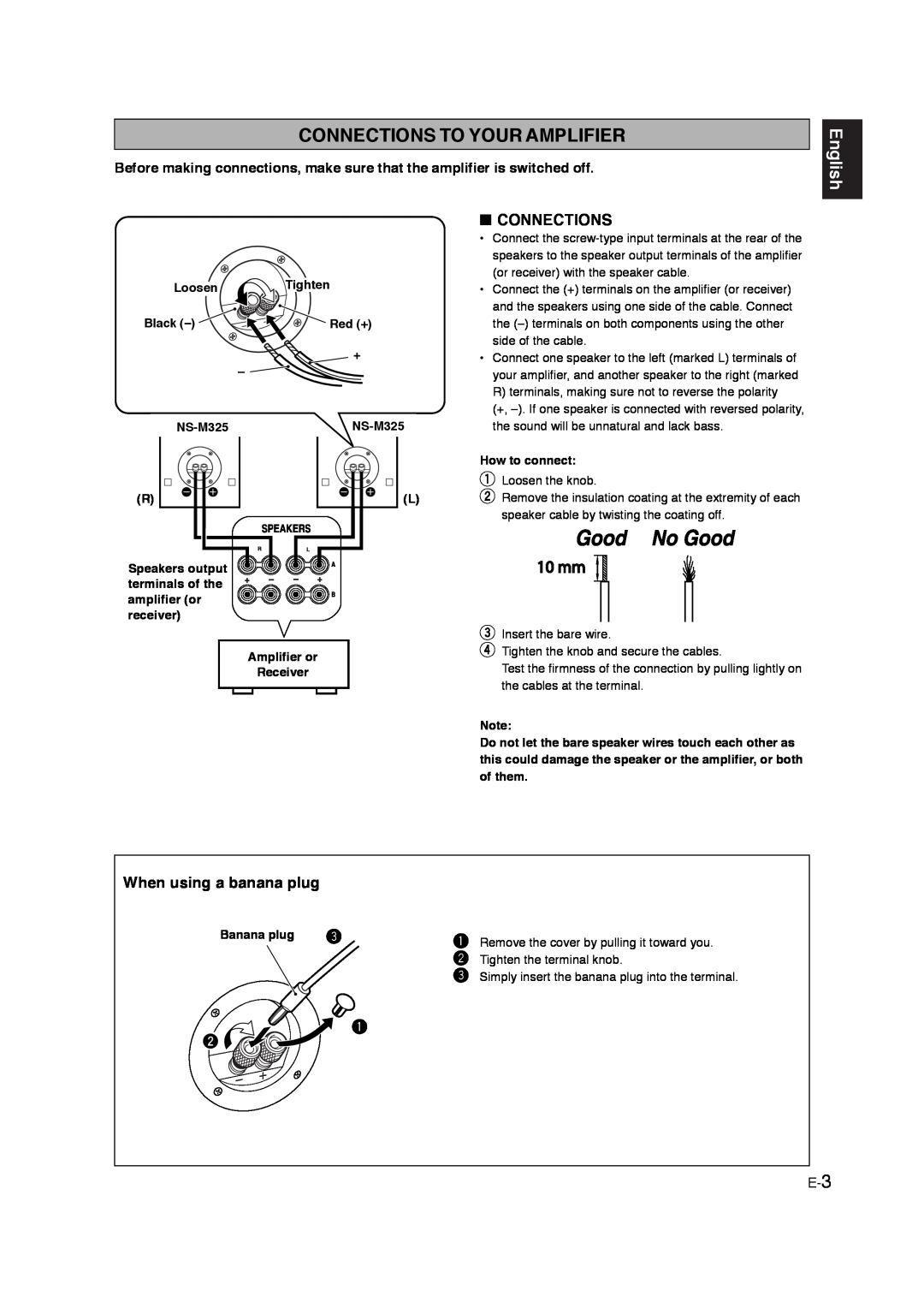 Yamaha NS M325 owner manual Connections To Your Amplifier, English, When using a banana plug 