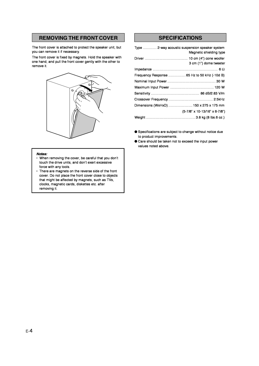 Yamaha NS M325 owner manual Removing The Front Cover, Specifications 