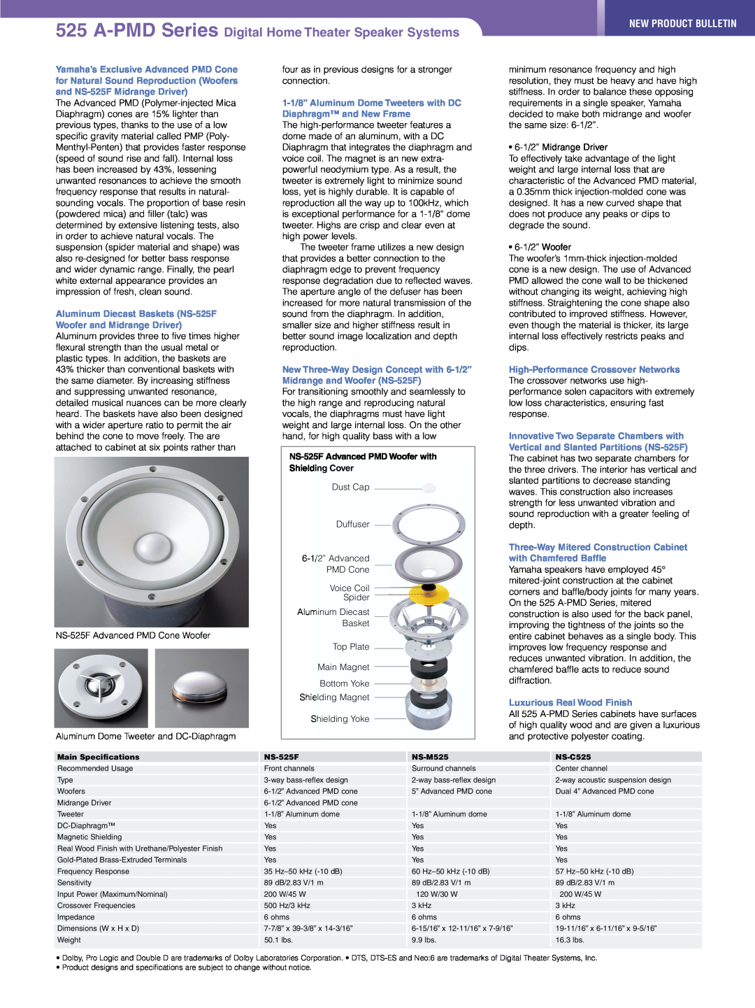 Yamaha NS-C525, NS-M525, NS-525F manual New Product Bulletin 