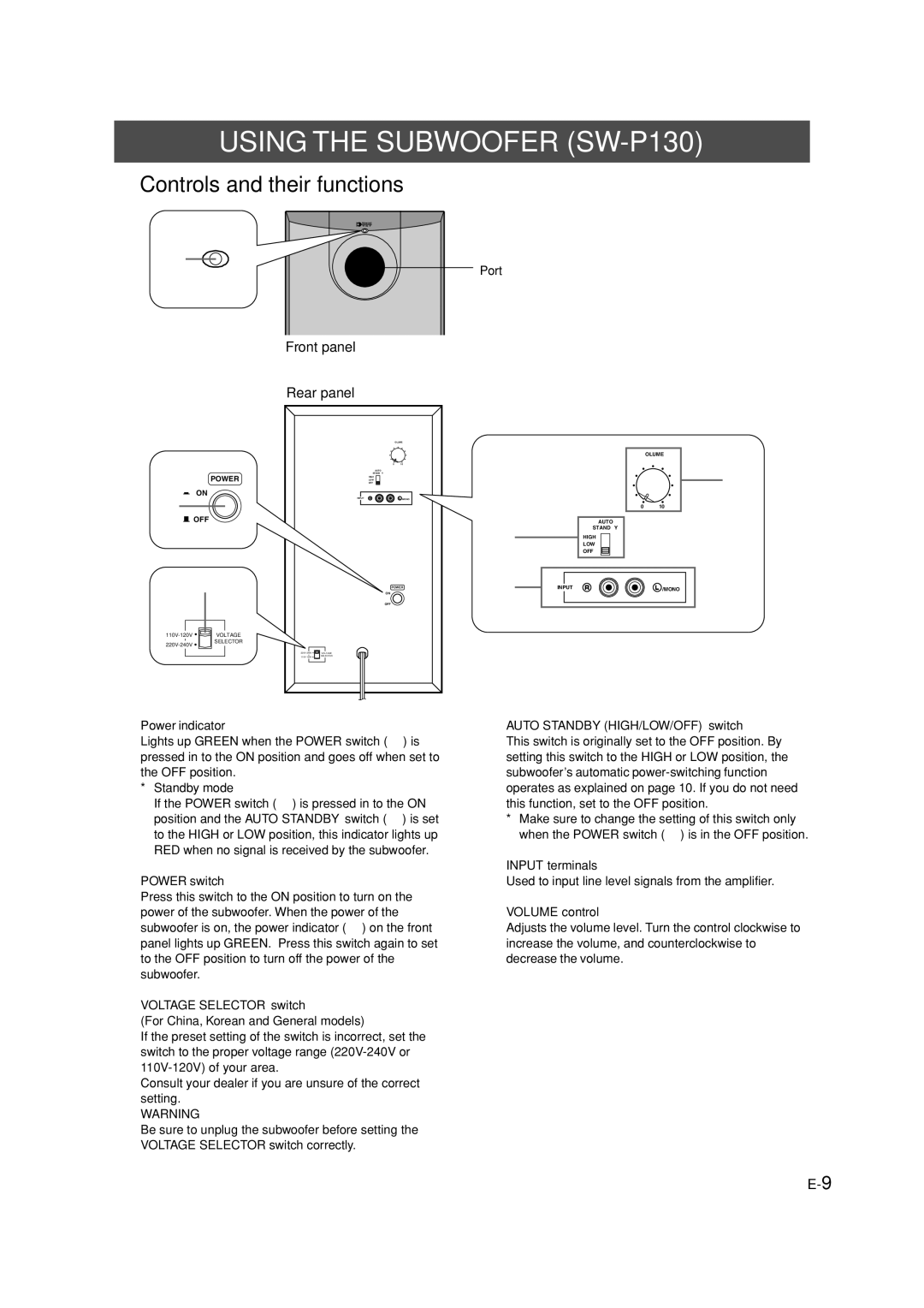 Yamaha NS-P116, NS-P110  Controls and their functions, Power switch, Auto Standby HIGH/LOW/OFF switch, Volume control 