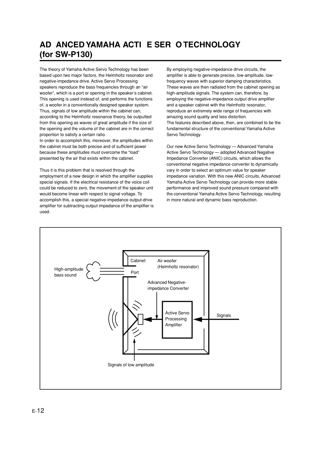 Yamaha NS-P110, NS-P116 owner manual Advanced Yamaha Active Servo Technology for SW-P130 