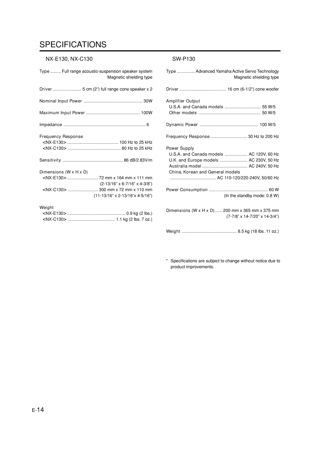 Yamaha NS-P110, NS-P116 owner manual  NX-E130, NX-C130,  SW-P130 