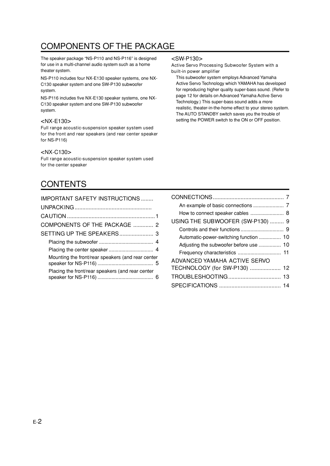 Yamaha NS-P110, NS-P116 owner manual Components of the Package 