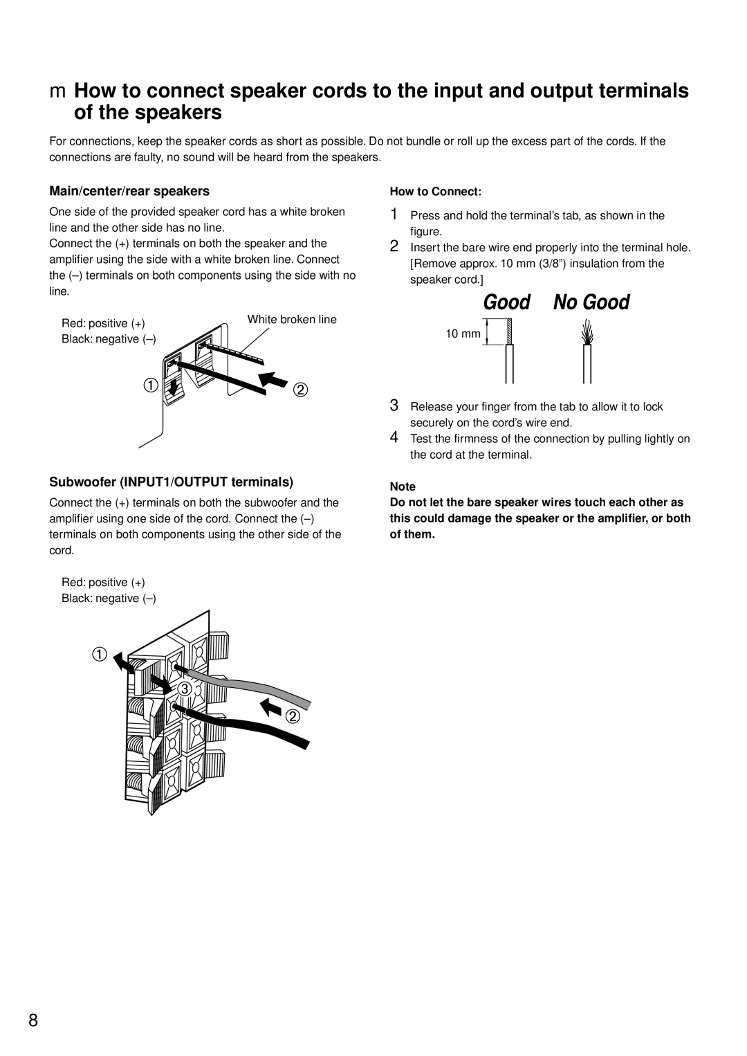 Yamaha NS-P220 owner manual Main/center/rear speakers, Subwoofer INPUT1/OUTPUT terminals, How to Connect 