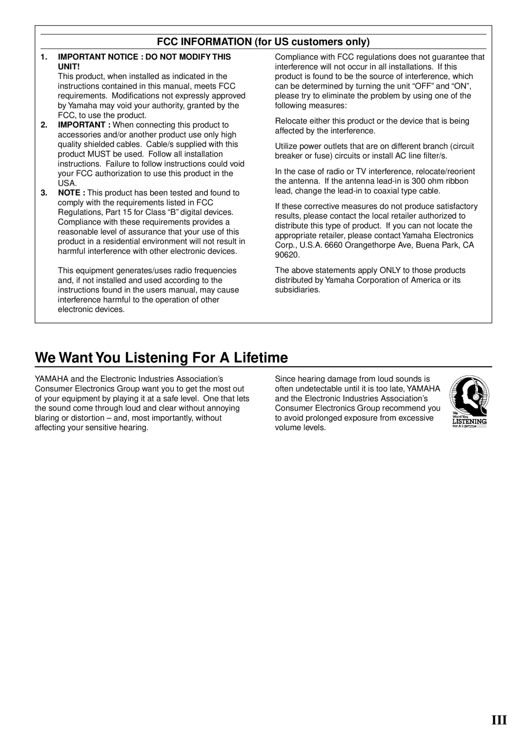 Yamaha NS-P220 owner manual We Want You Listening For a Lifetime, FCC Information for US customers only 