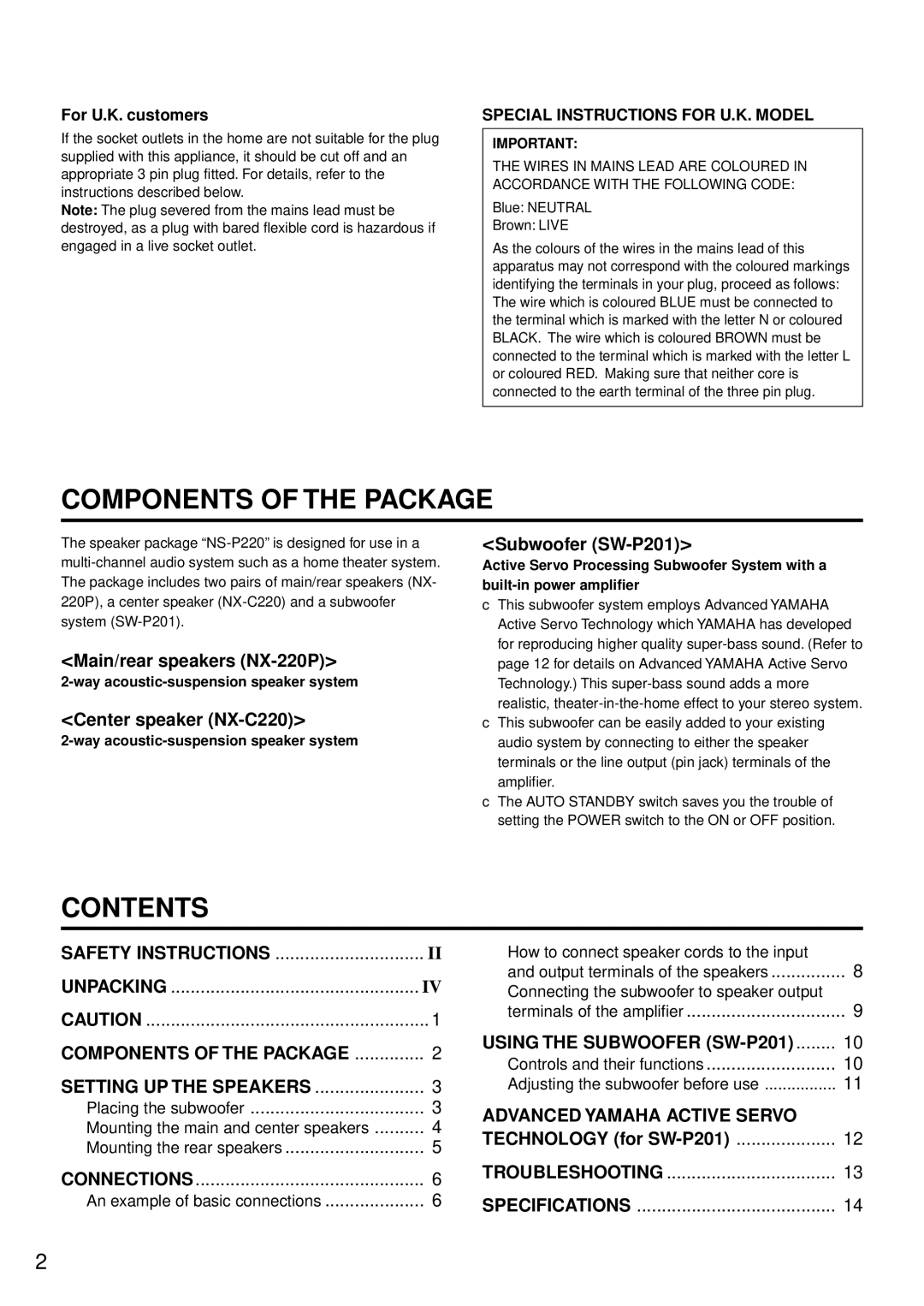 Yamaha NS-P220 owner manual Components of the Package 