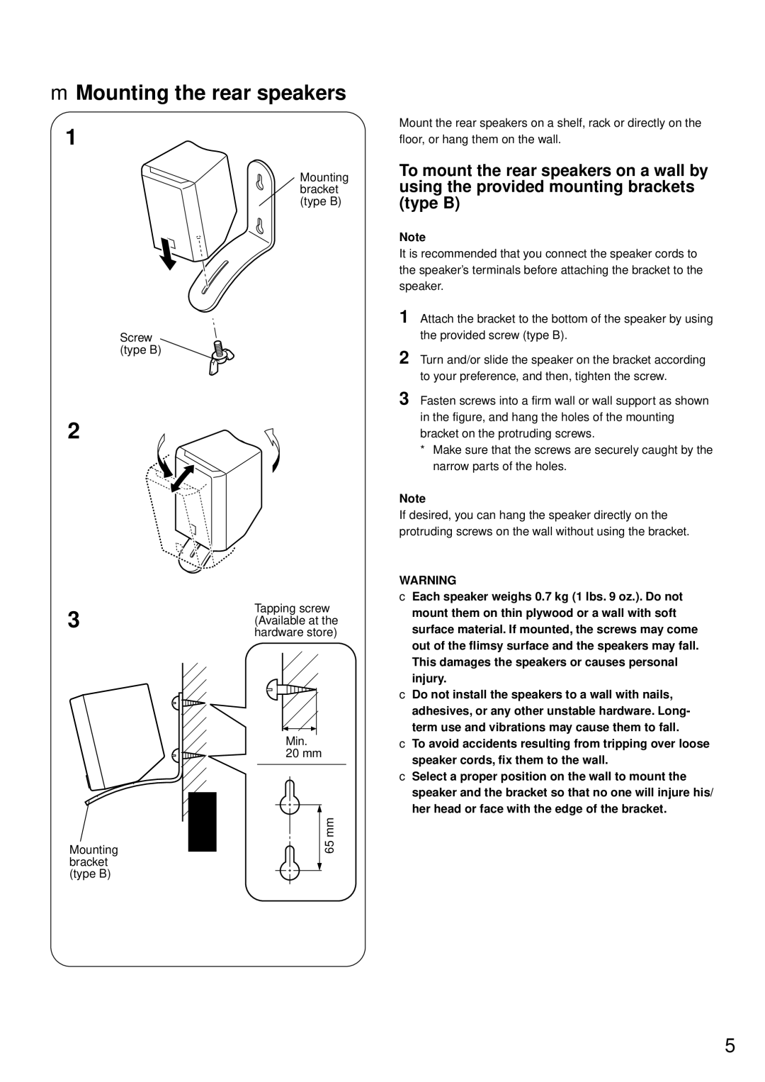 Yamaha NS-P220 owner manual Mounting the rear speakers 