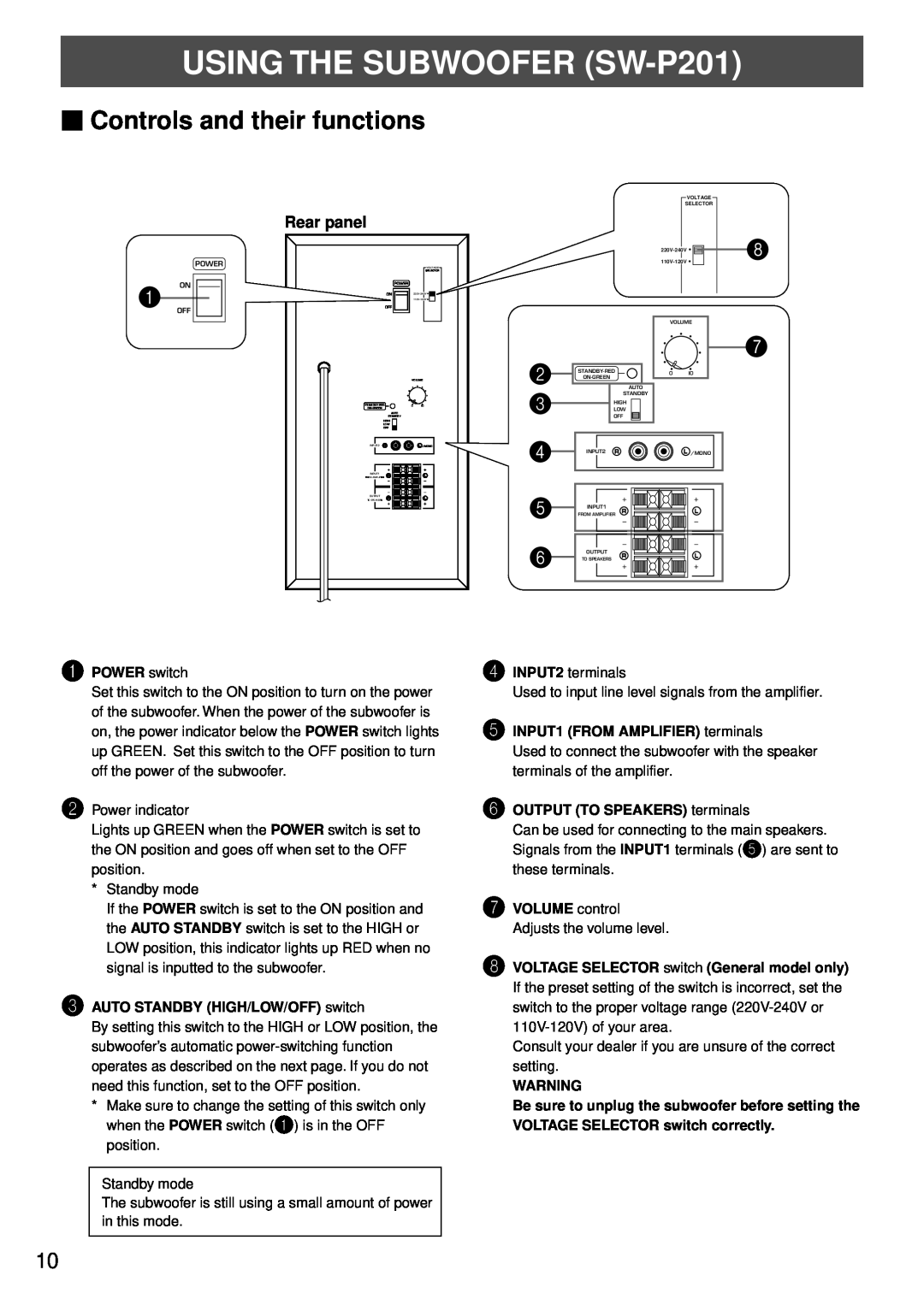 Yamaha NS-P220 owner manual USING THE SUBWOOFER SW-P201, Controls and their functions, Rear panel, 1POWER switch 