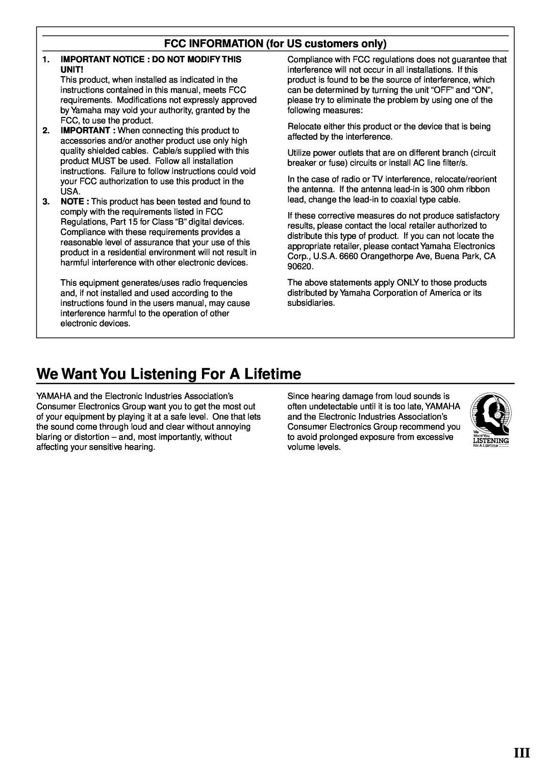 Yamaha NS-P220 owner manual We Want You Listening For A Lifetime, FCC INFORMATION for US customers only, Unit 