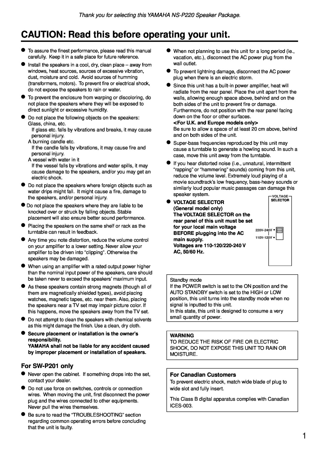 Yamaha NS-P220 CAUTION Read this before operating your unit, For Canadian Customers, For U.K. and Europe models only 