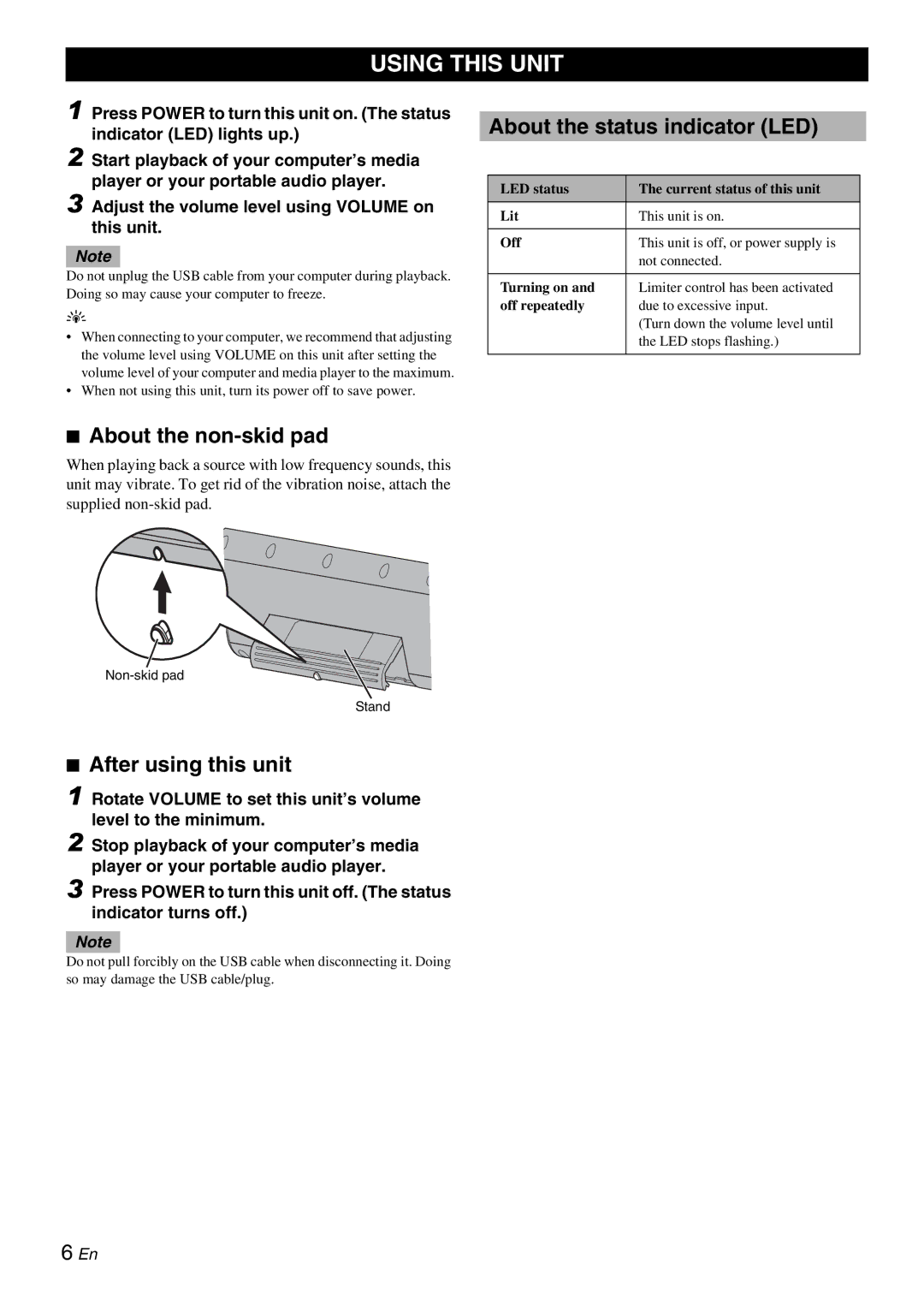 Yamaha NX-U10 owner manual Using this Unit, About the non-skid pad, After using this unit, About the status indicator LED 