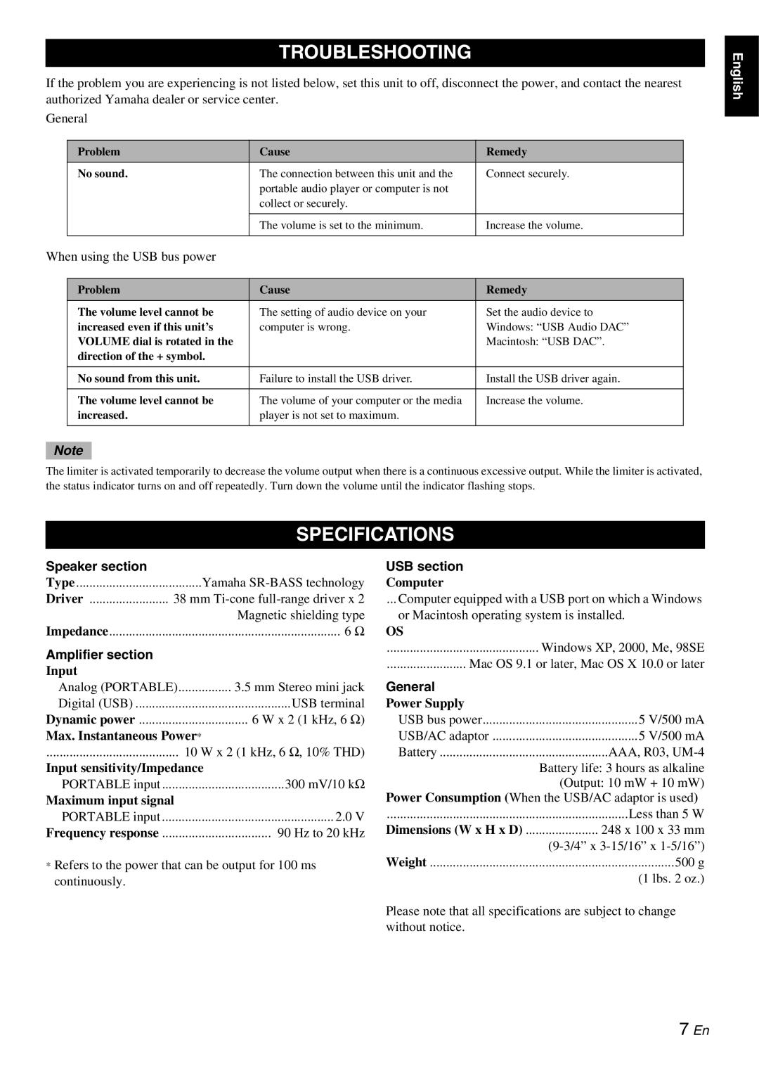 Yamaha Multimedia Speaker, NX-U10 owner manual Troubleshooting, Specifications 