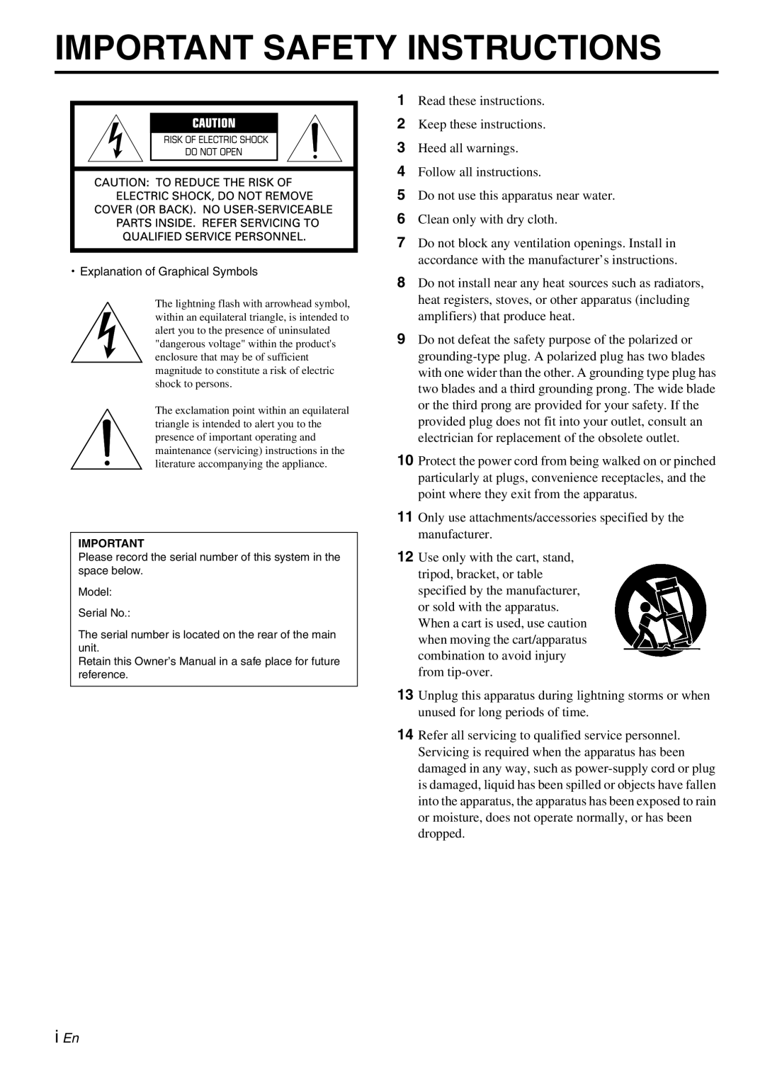 Yamaha NX-U10, Multimedia Speaker owner manual Important Safety Instructions 