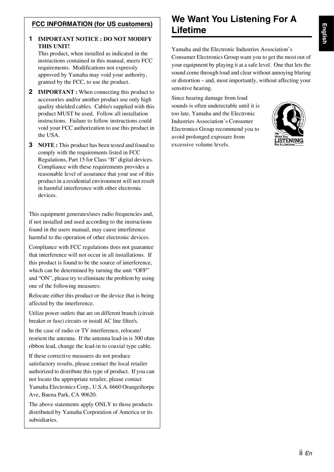 Yamaha Multimedia Speaker, NX-U10 owner manual FCC Information for US customers, Important Notice do not Modify this Unit 