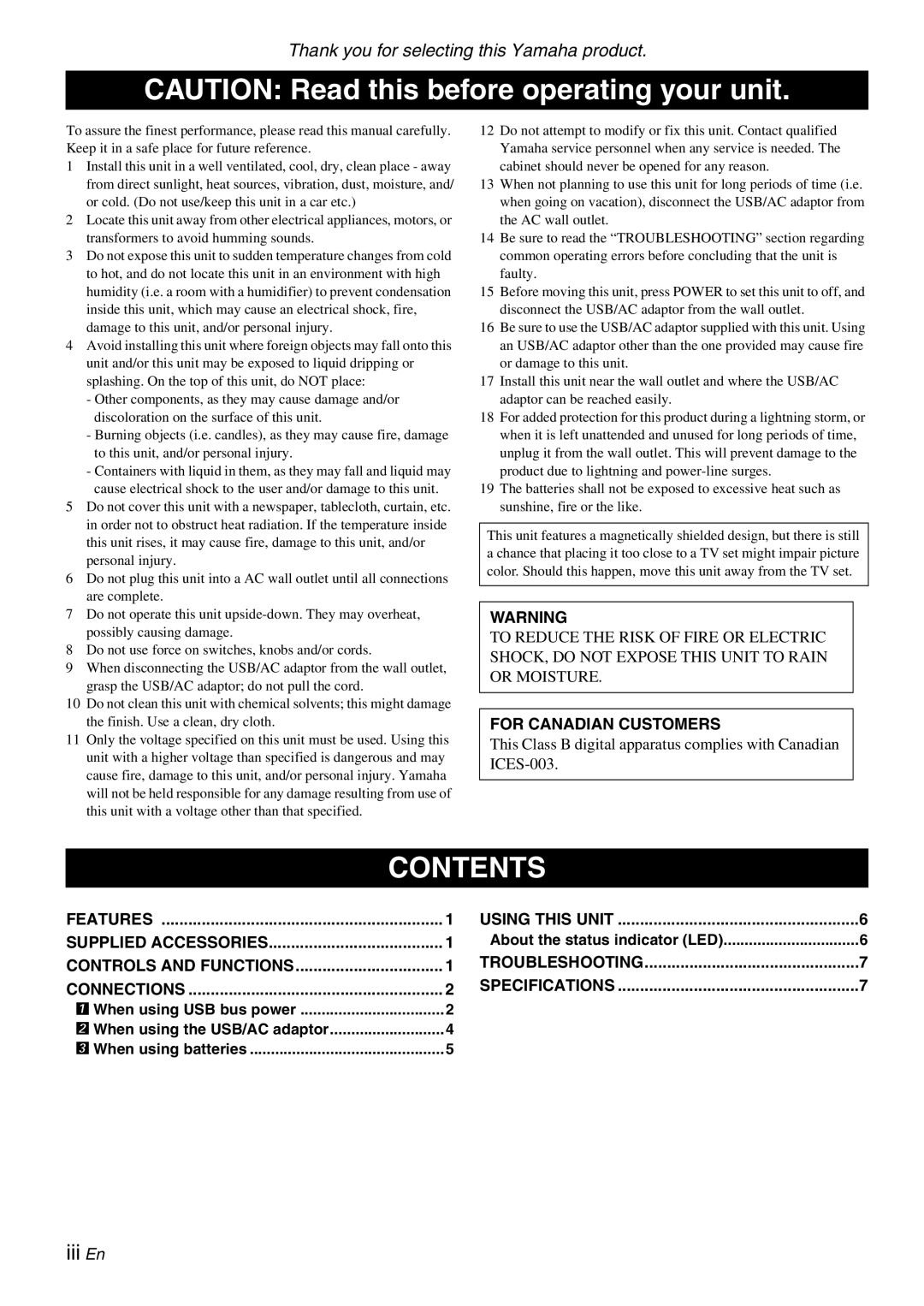 Yamaha NX-U10, Multimedia Speaker owner manual Contents 