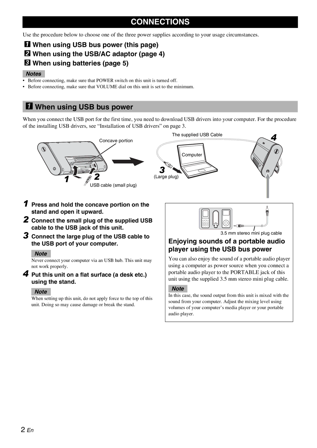 Yamaha NX-U10 Connections, When using USB bus power, Put this unit on a flat surface a desk etc. using the stand 