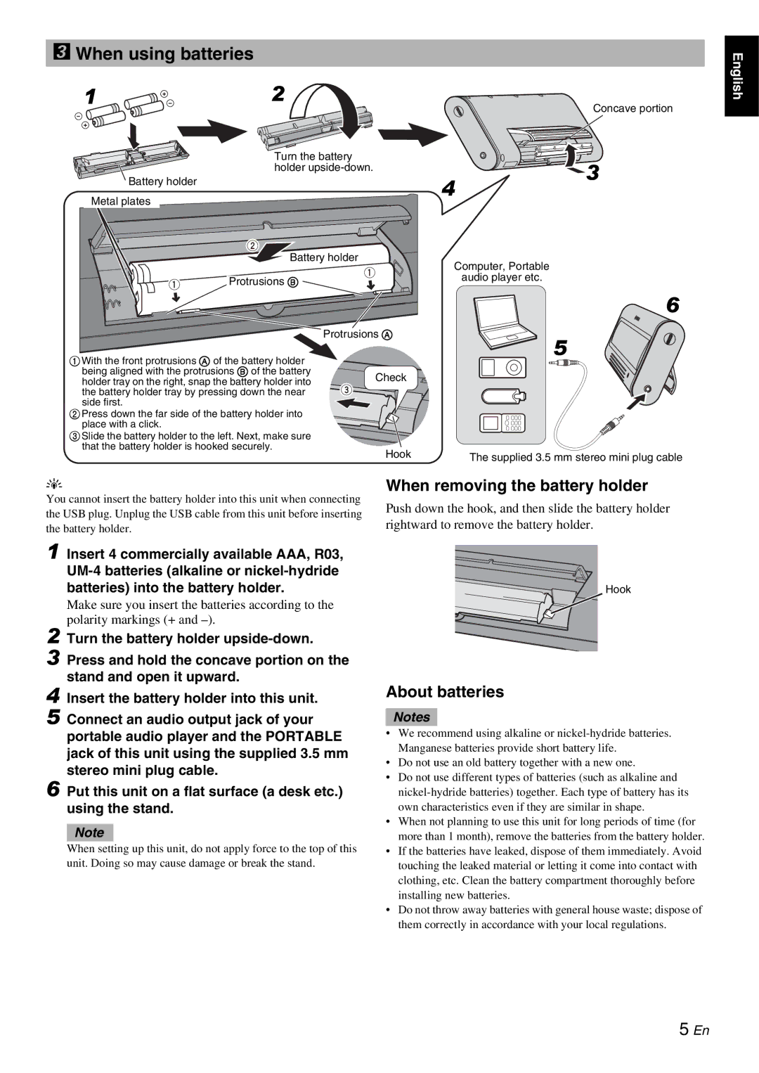 Yamaha Multimedia Speaker, NX-U10 owner manual When using batteries, Protrusions B, Protrusions a, Check, Hook 