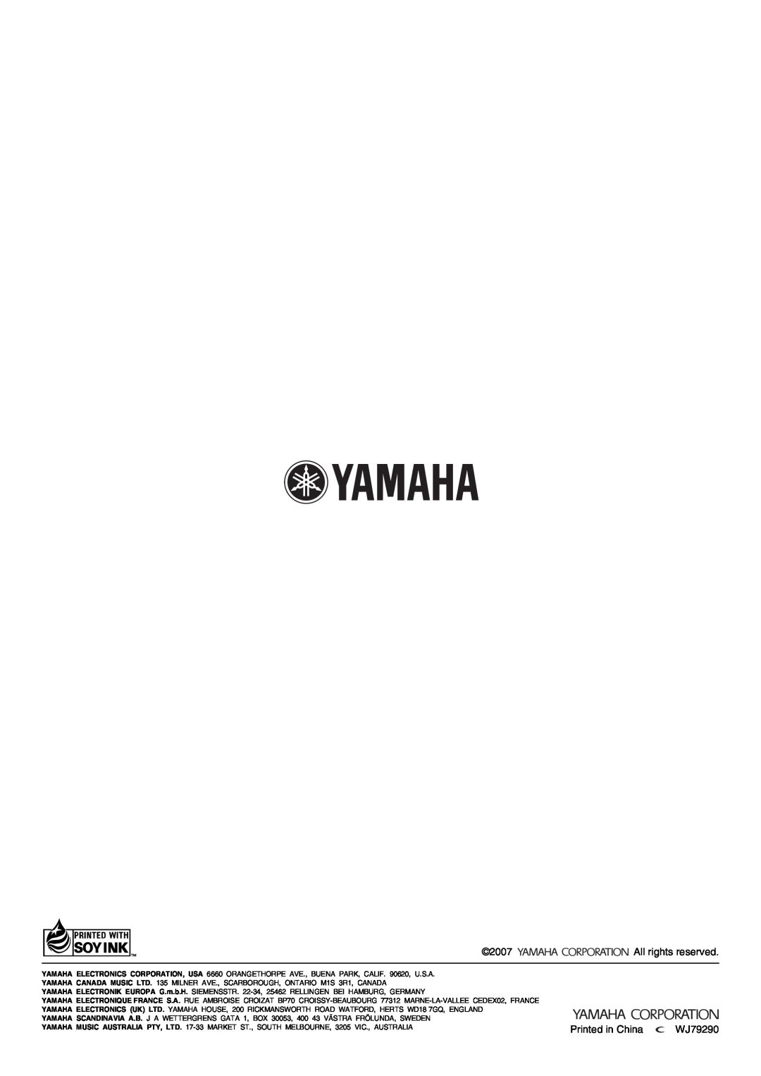 Yamaha NX-U10, Multimedia Speaker owner manual 2007, Printed in China, WJ79290, All rights reserved 