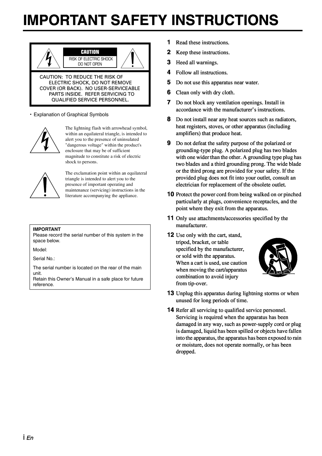 Yamaha NX-U10, Multimedia Speaker owner manual i En, Important Safety Instructions 