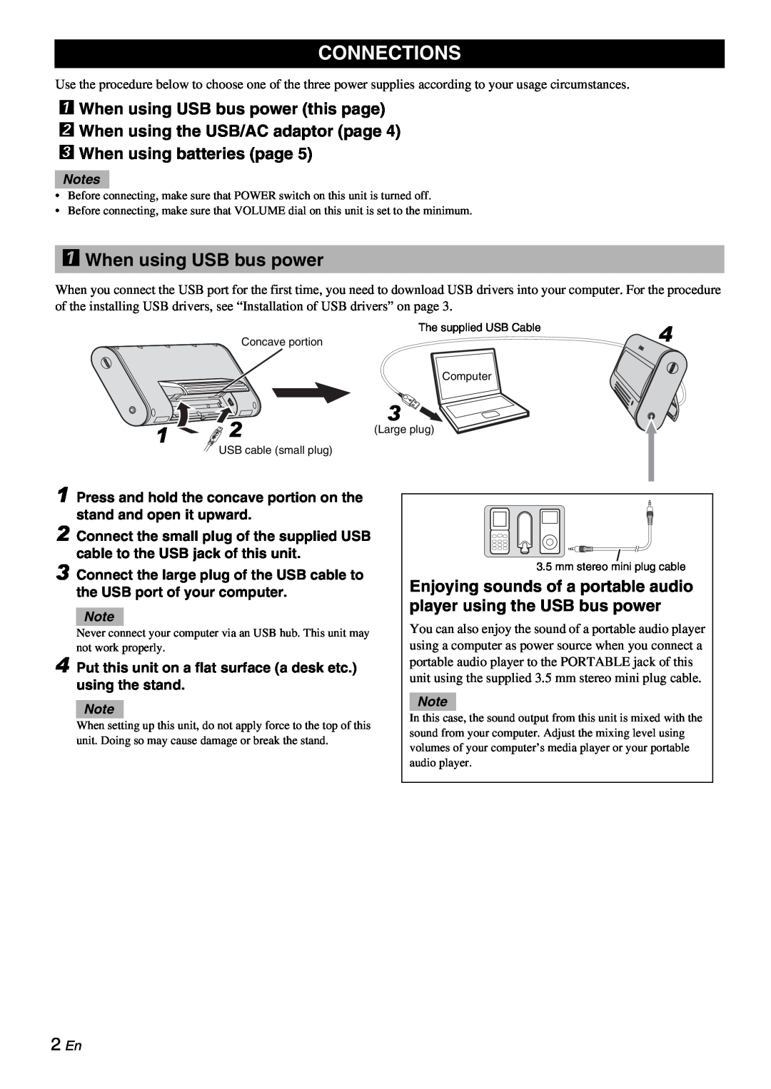 Yamaha NX-U10, Multimedia Speaker owner manual Connections, When using USB bus power this page, 2 En 