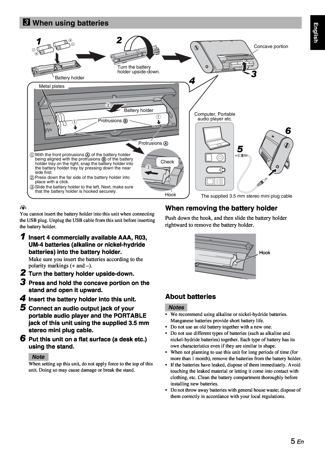 Yamaha Multimedia Speaker, NX-U10 When using batteries, When removing the battery holder, About batteries, 5 En, English 