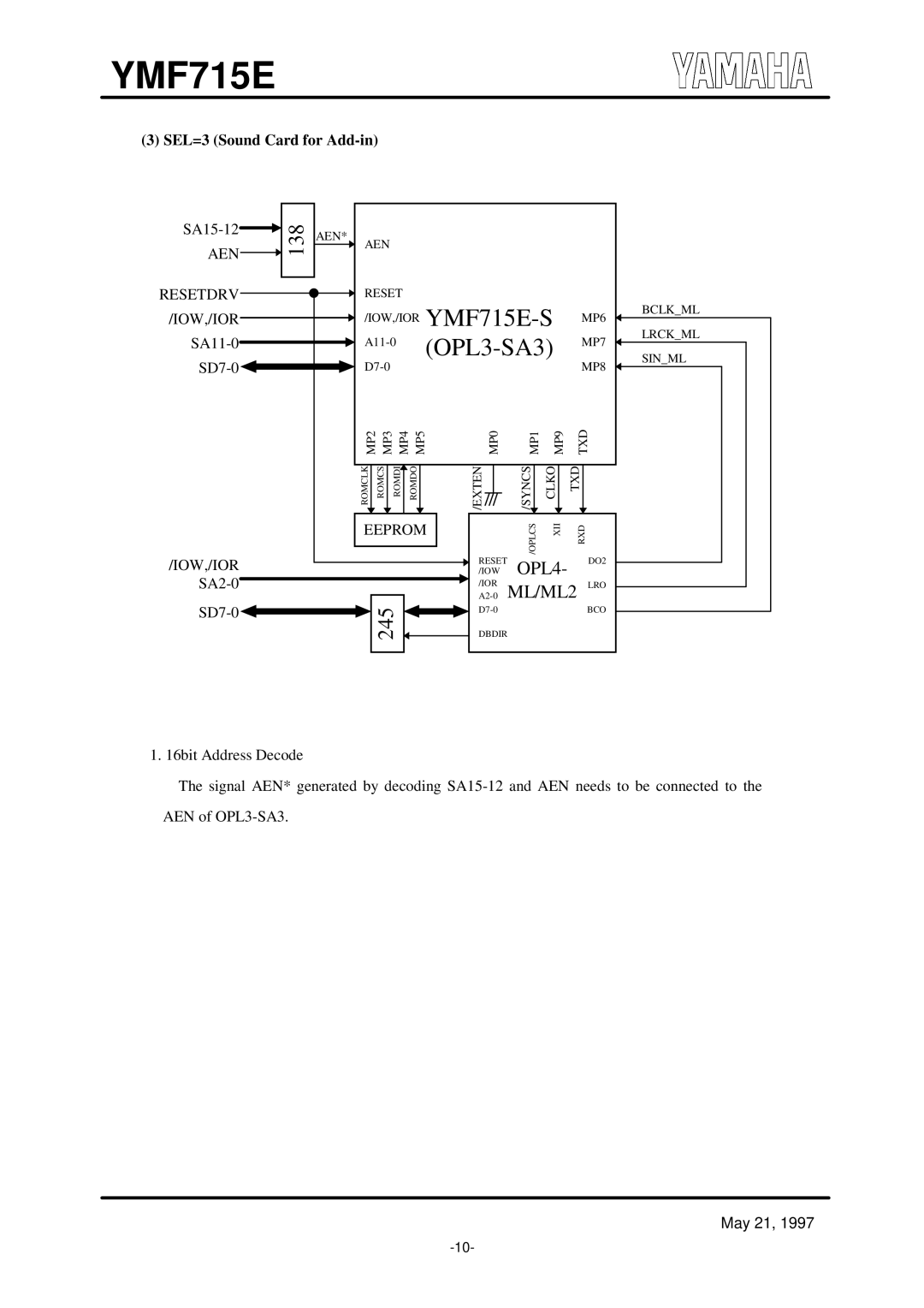 Yamaha OPL3-SA3 specifications IOW,/IOR SA2-0 