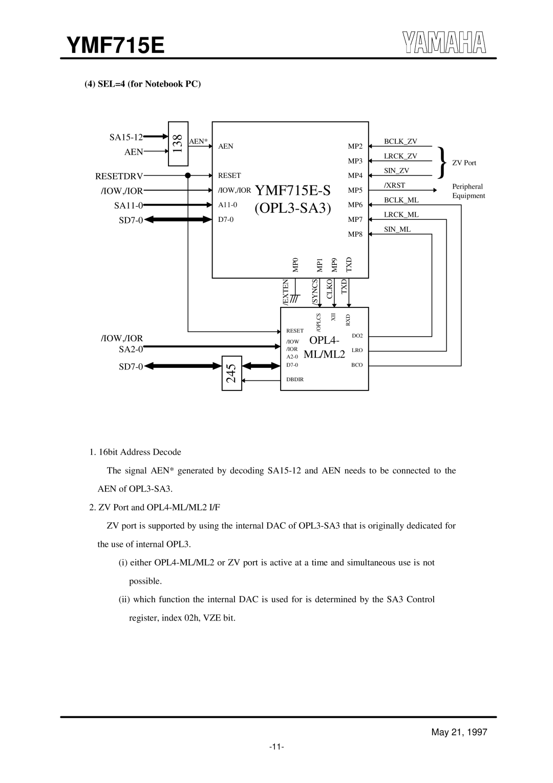 Yamaha OPL3-SA3 specifications SEL=4 for Notebook PC 